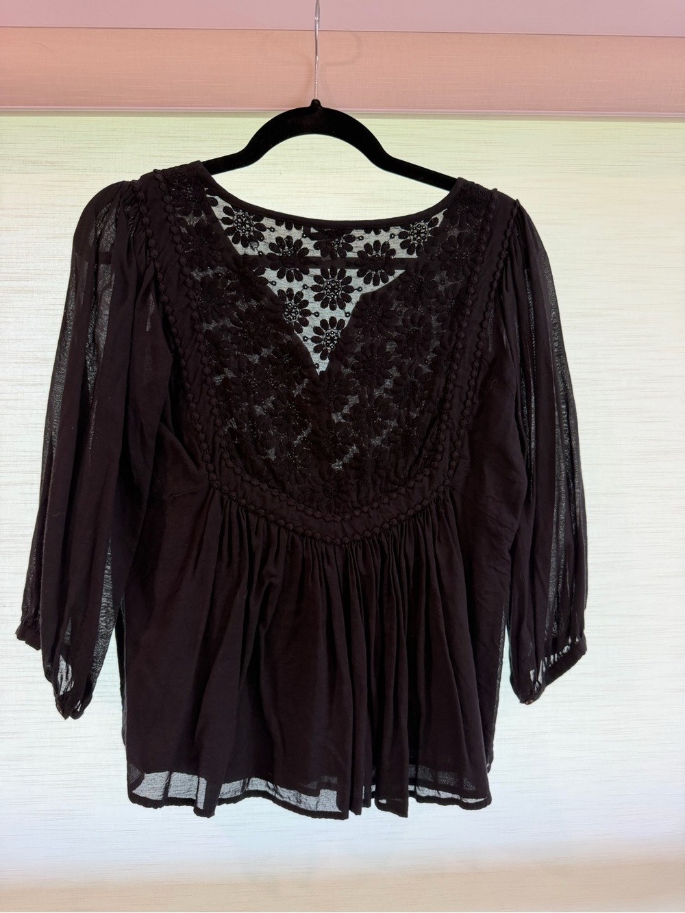 Embroidered V-Neck Black Peasant Blouse size 10